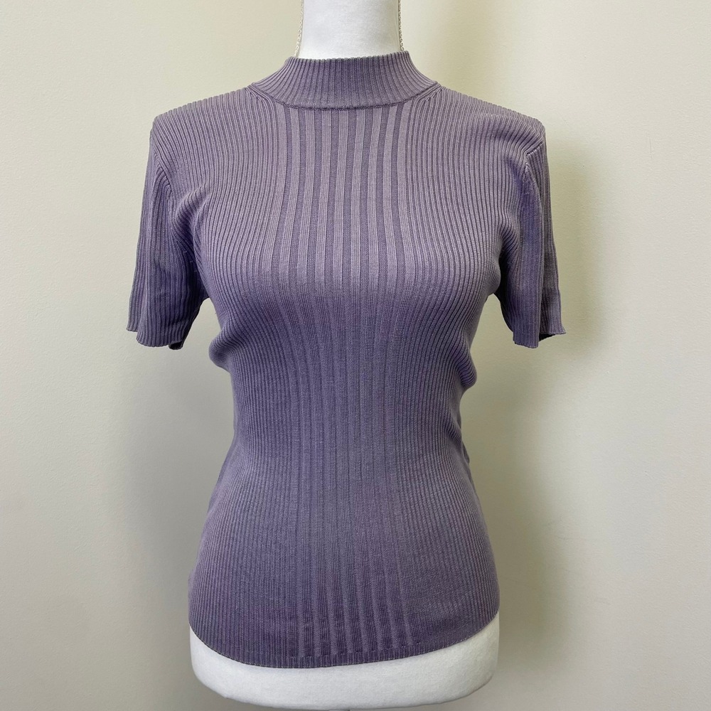 Vintage Y2K Apostrophe Purple 100% Silk Ribbed Mock Neck Short Sleeve Sweater M